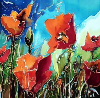 Natalia Charapova-dye on silk painting, A Day At Poppy Field 