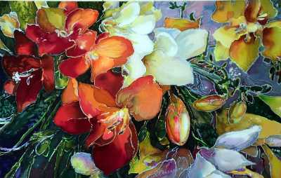Natalia Charapova-dye on silk painting, Freesias in Bloom